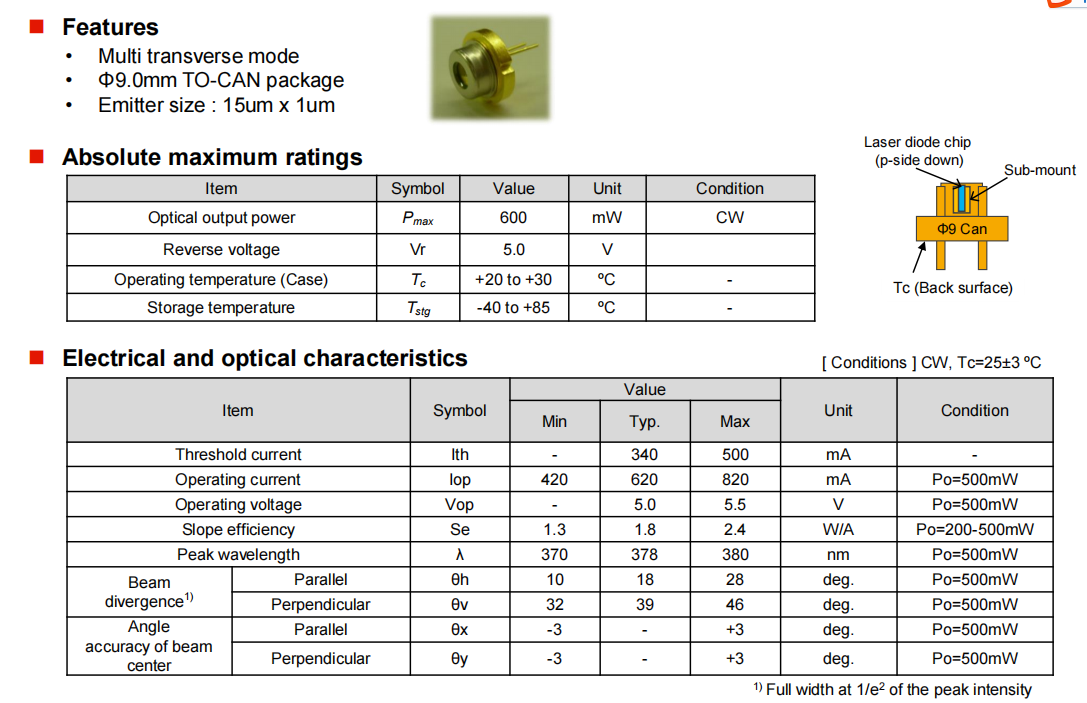 Diodo laser de 375nm 500mW 
