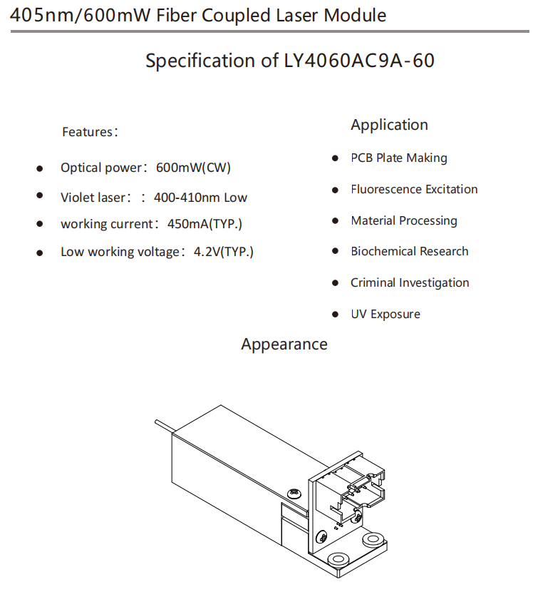 405nm 600mW Fiber Laser